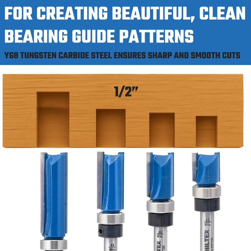 HILTEX 10103H Bottom Bearing Pattern Flush Trim Router Bit Set, 4 Pieces, 1/4 Inch Shank, CNC Woodworking Tool, 1/2" Cutting Diameter, Cutting Length: 1/2", 25/32”, 1”, and 1-1/2”