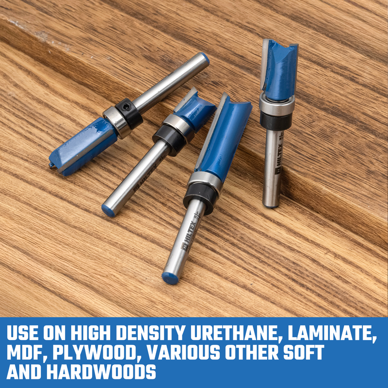 HILTEX 10103H Bottom Bearing Pattern Flush Trim Router Bit Set, 4 Pieces, 1/4 Inch Shank, CNC Woodworking Tool, 1/2" Cutting Diameter, Cutting Length: 1/2", 25/32”, 1”, and 1-1/2”