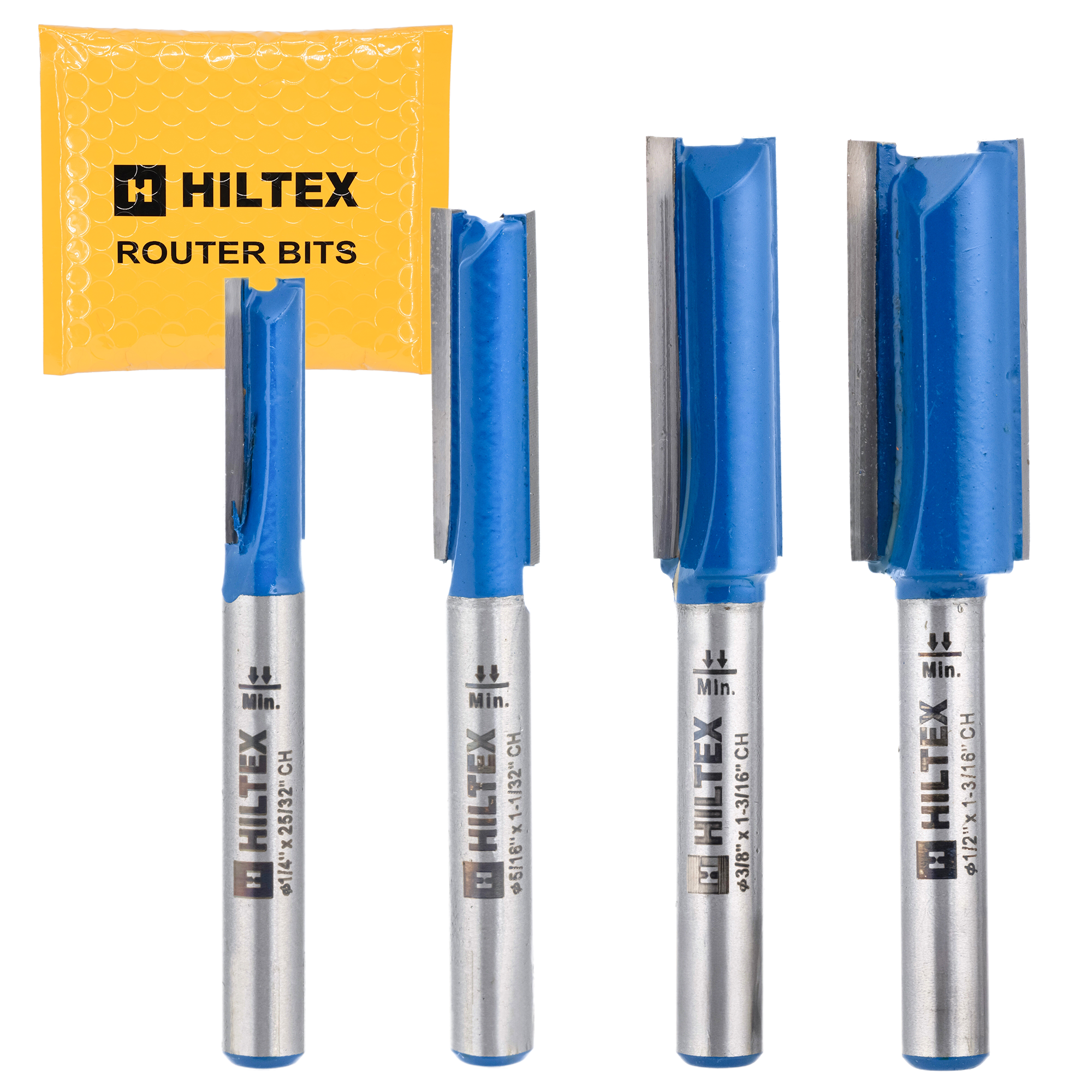 Double-Flute Straight Cut Router Bit Set – 1/4” Shank (4-Piece)