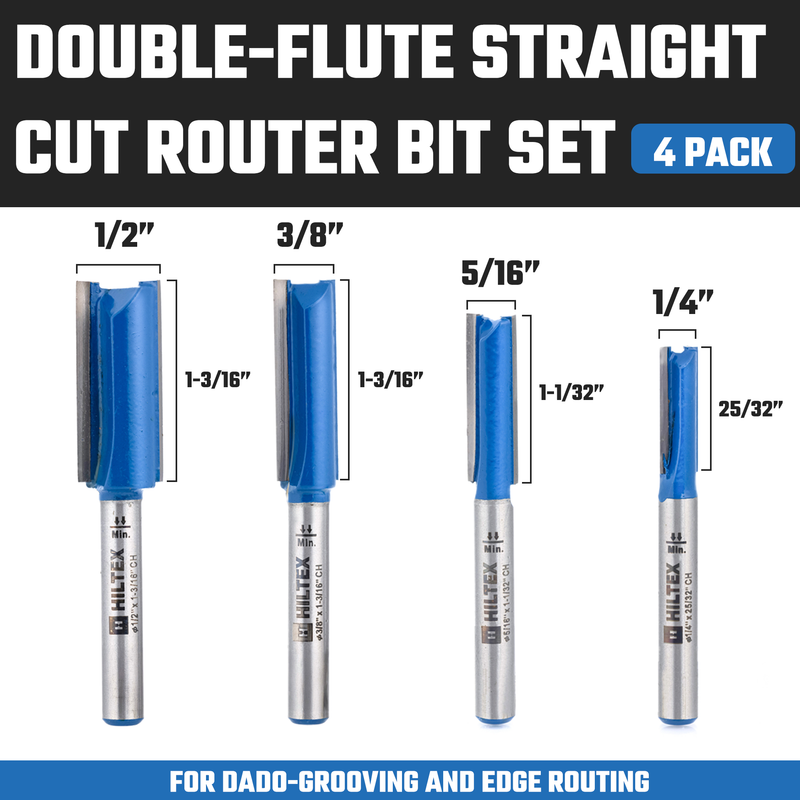 HILTEX 10101H Double-Flute Straight Cut Router Bit Set, 4 Pieces, 1/4 Inch Shank, CNC Woodworking Tool, 1/4" 5/16" 3/8" 1/12" Cutting Diameter for Dado Grooving and Edge-Routing