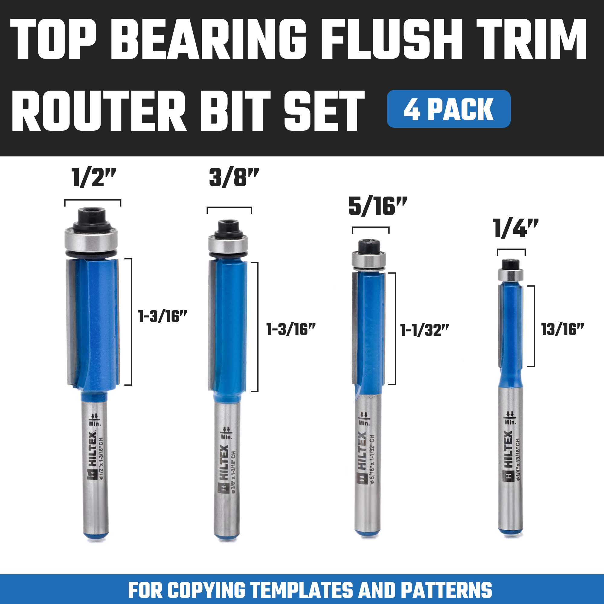 Top-Bearing Flush Trim Router Bit Set – 1/4” Shank (4-Piece)