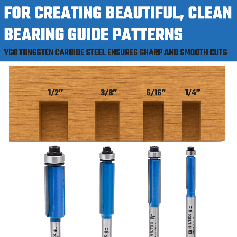HILTEX 10102H Top Bearing Flush Trim Router Bit Set, 4 Pieces, 1/4 Inch Shank, CNC Woodworking Tool, 1/4" 5/16" 3/8" 1/12" Cutting Diameter for Copying Templates and Patterns, Overhang Trim
