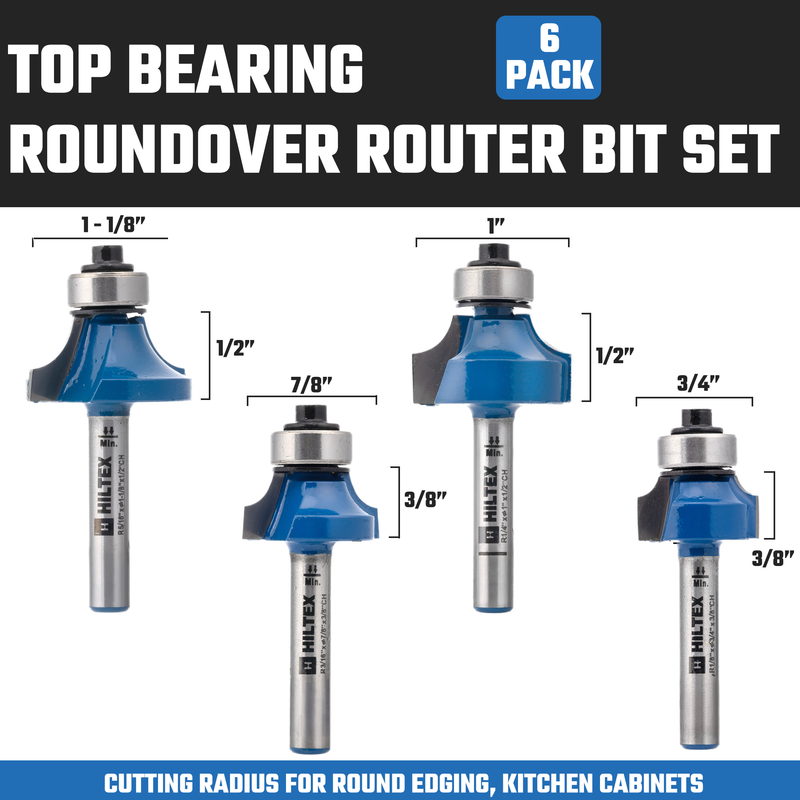 HILTEX 10109H Top Bearing Roundover Router Bit Set, 4 Pieces, 1/4 Inch Shank, CNC Woodworking Tool, 1/8" 3/16" 1/4" 5/16" Cutting Radius for Round Edging, Cabinet Edges