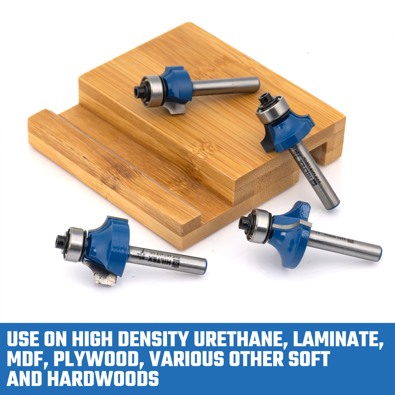 HILTEX 10109H Top Bearing Roundover Router Bit Set, 4 Pieces, 1/4 Inch Shank, CNC Woodworking Tool, 1/8" 3/16" 1/4" 5/16" Cutting Radius for Round Edging, Cabinet Edges