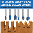 HILTEX 10106H 90 Degree V-Groove and Round Nose Router Bit Set, 6 Pieces, 1/4 Inch Shank, Double Flute V-Grooving Roundnose 3D CNC Woodworking Tool, 1/4" 3/8" (13/32”) 1/2" Cutting Diameters