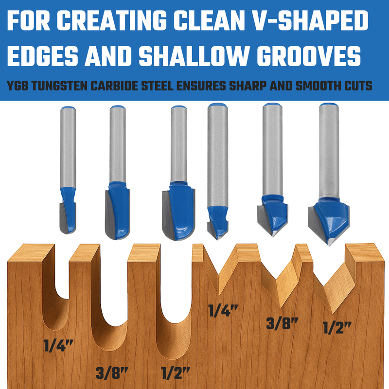 HILTEX 10106H 90 Degree V-Groove and Round Nose Router Bit Set, 6 Pieces, 1/4 Inch Shank, Double Flute V-Grooving Roundnose 3D CNC Woodworking Tool, 1/4" 3/8" (13/32”) 1/2" Cutting Diameters