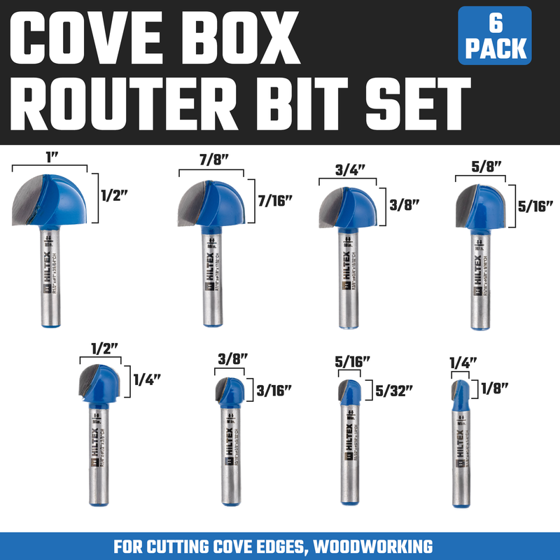 HILTEX 10107H Cove Box Router Bit Set, 8 Pieces, 1/4 Inch Shank, Double Flute Radius Cove Router Bit, Round Nose, Woodworking Tool, 1/4" 5/16" 3/8" 1/2" 5/8" 3/4" 7/8" 1" Diameter