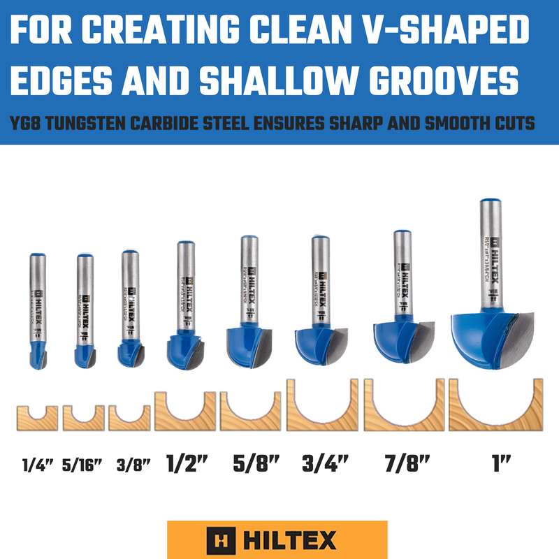 HILTEX 10107H Cove Box Router Bit Set, 8 Pieces, 1/4 Inch Shank, Double Flute Radius Cove Router Bit, Round Nose, Woodworking Tool, 1/4" 5/16" 3/8" 1/2" 5/8" 3/4" 7/8" 1" Diameter