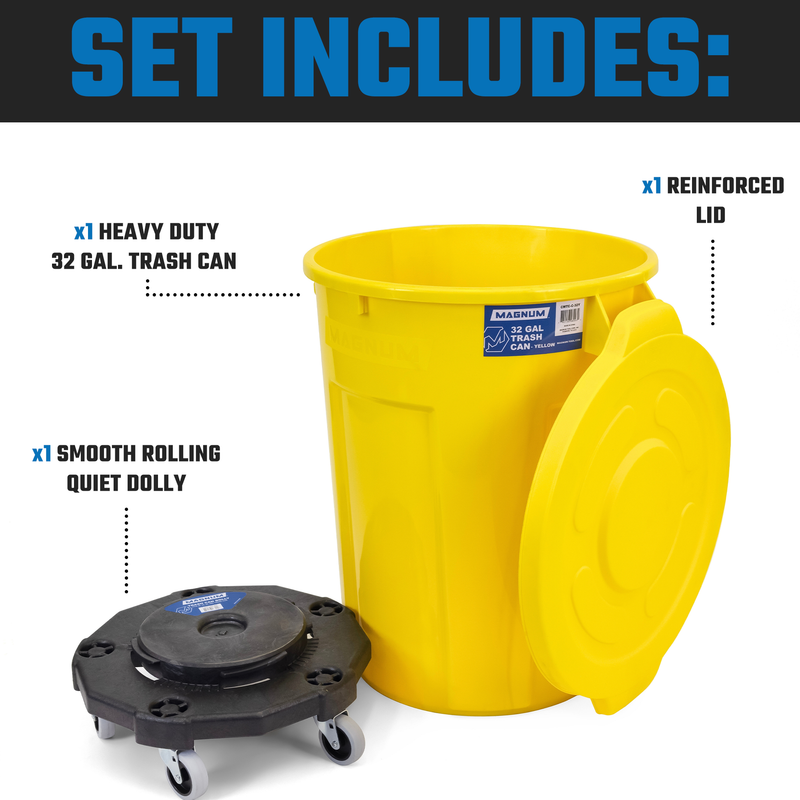 MAGNUM Yellow 32 Gallon Trash Can Set (Trash Can, Quiet Dolly, and Reinforced Lid), Construction Grade, Jobsite Ready, Non-Marking Wheels & Casters for Rolling Garbage CMTC-CLD0-32Y01 (1 Set)