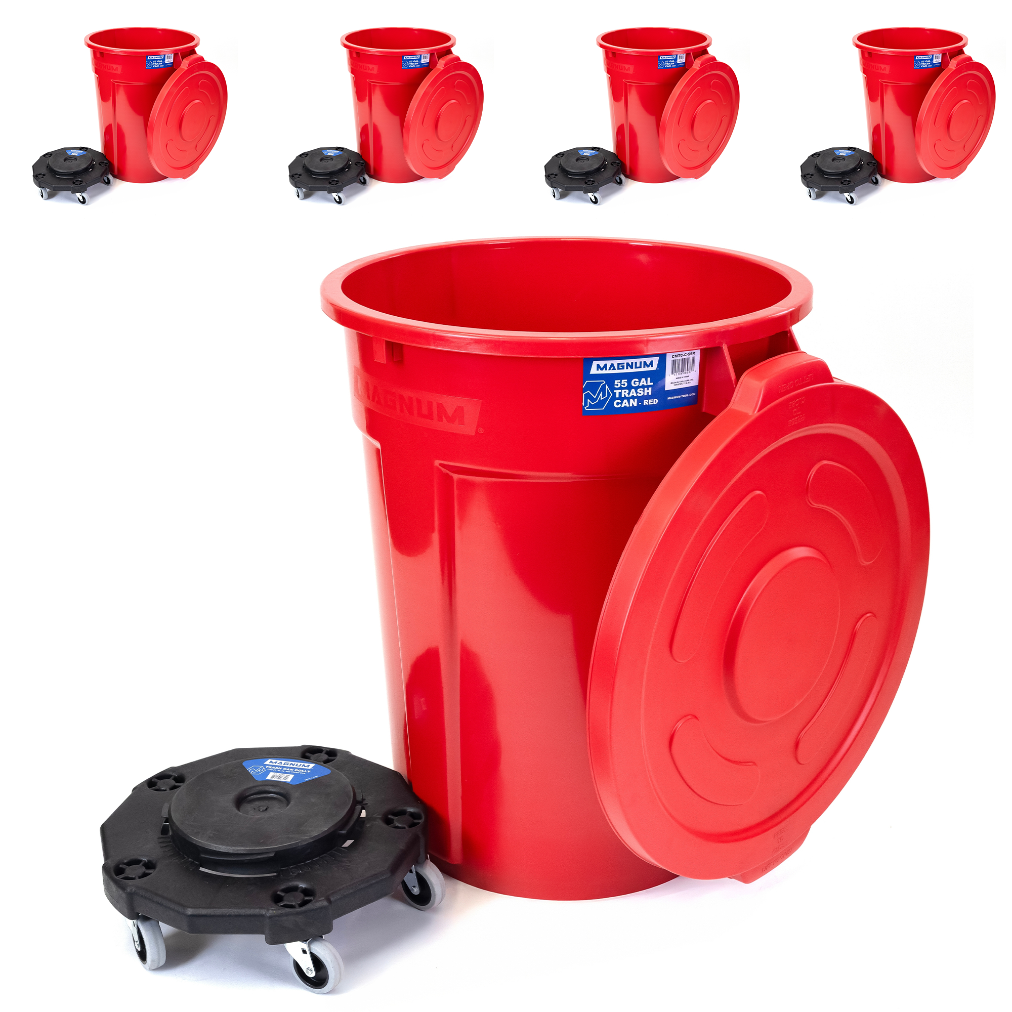 Red 55-Gallon Trash Can Set – Can, Dolly & Lid (5-Pack)