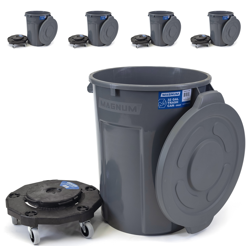 MAGNUM Gray 32 Gallon Trash Can Set (Trash Can, Quiet Dolly, and Reinforced Lid), Construction Grade, Jobsite Ready, Non-Marking Wheels & Casters for Rolling Garbage CMTC-CLD0-32G05 (5 Set)