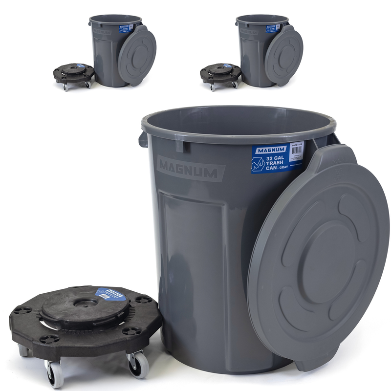 MAGNUM Gray 32 Gallon Trash Can Set (Trash Can, Quiet Dolly, and Reinforced Lid), Construction Grade, Jobsite Ready, Non-Marking Wheels & Casters for Rolling Garbage CMTC-CLD0-32G03 (3 Set)