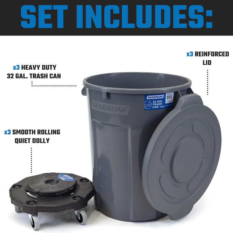 MAGNUM Gray 32 Gallon Trash Can Set (Trash Can, Quiet Dolly, and Reinforced Lid), Construction Grade, Jobsite Ready, Non-Marking Wheels & Casters for Rolling Garbage CMTC-CLD0-32G03 (3 Set)