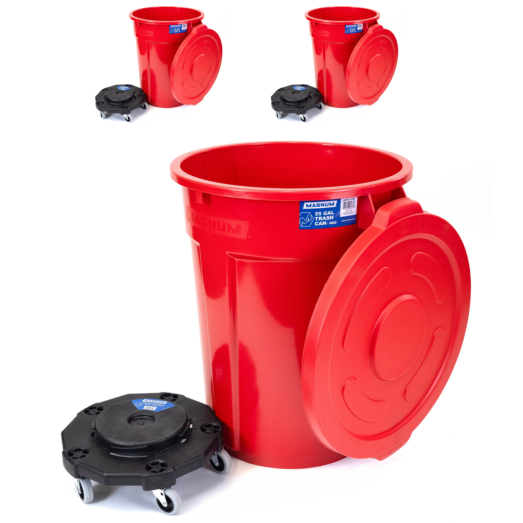 Red 55-Gallon Trash Can Set – Can, Dolly & Lid (3-Pack)