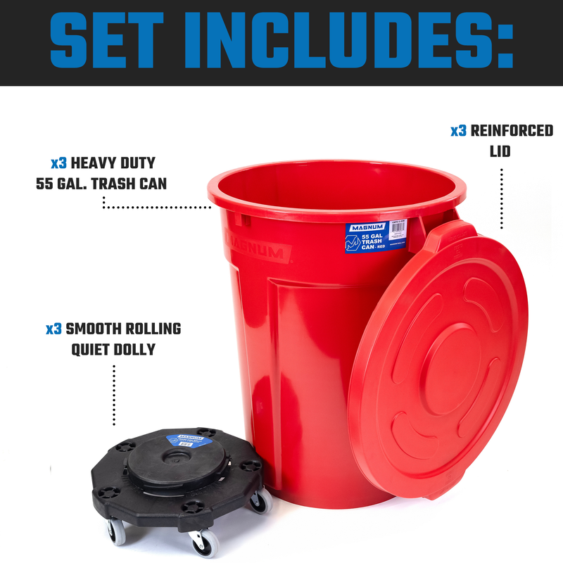 MAGNUM Red 55 Gallon Trash Can Set (Trash Can, Quiet Dolly, and Reinforced Lid), Construction Grade, Jobsite Ready, Non-Marking Wheels & Casters for Rolling Garbage CMTC-CLD0-55R03 (3 Set)