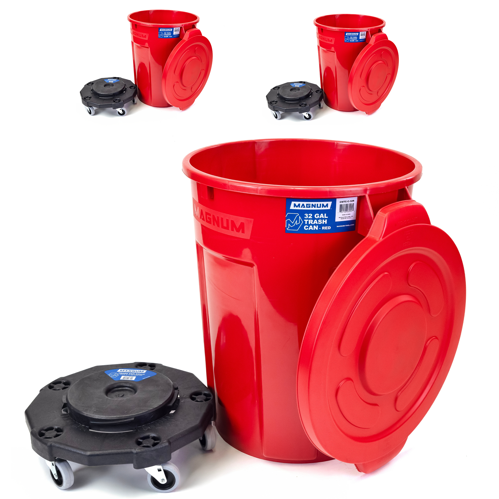 Red 32-Gallon Trash Can Set – Can, Dolly & Lid (3-Pack)