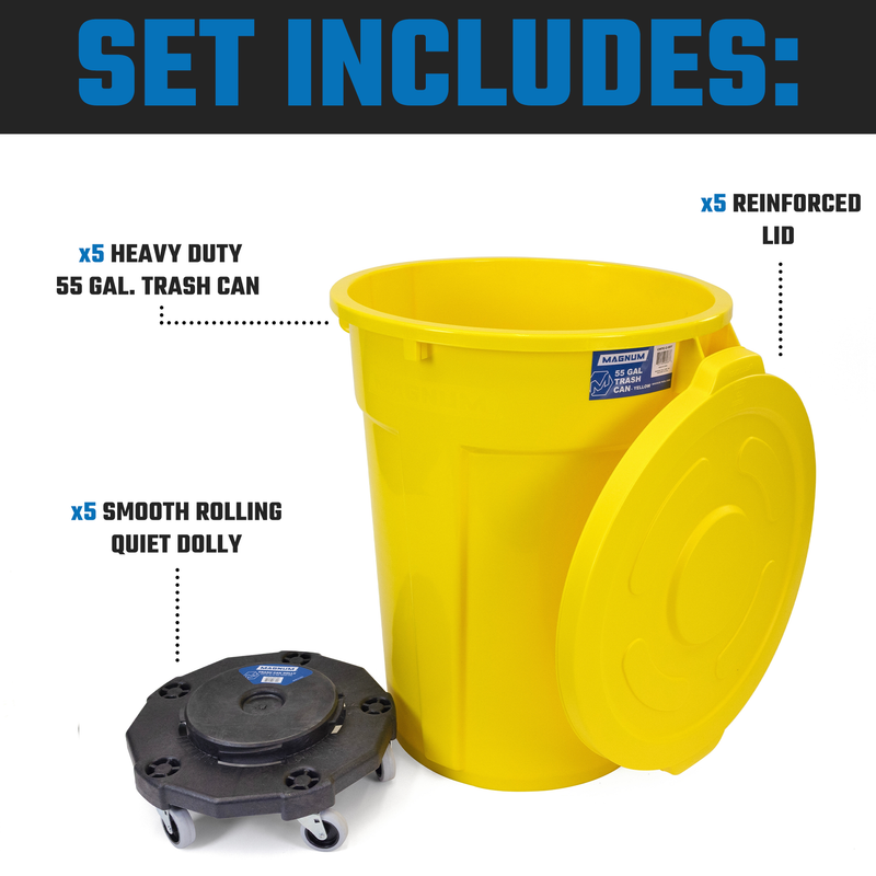 MAGNUM Yellow 55 Gallon Trash Can Set (Trash Can, Quiet Dolly, and Reinforced Lid), Construction Grade, Jobsite Ready, Non-Marking Wheels & Casters for Rolling Garbage CMTC-CLD0-55Y05 (5 Set)