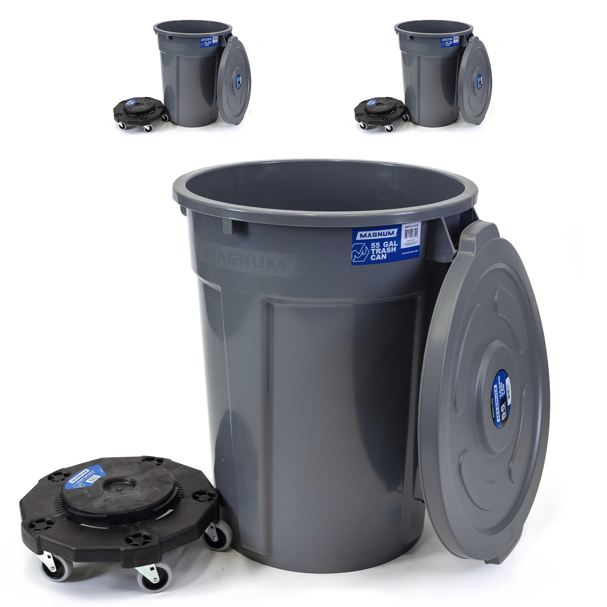 Gray 55-Gallon Trash Can Set – Can, Dolly & Lid (3-Pack)