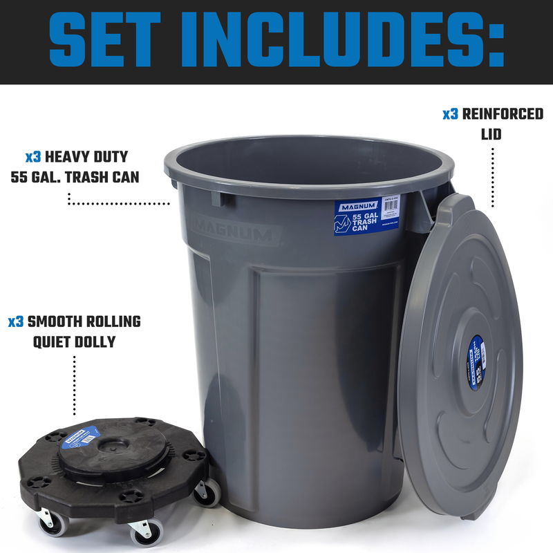 MAGNUM Gray 55 Gallon Trash Can Set (Trash Can, Quiet Dolly, and Reinforced Lid), Construction Grade, Jobsite Ready, Non-Marking Wheels & Casters for Rolling Garbage CMTC-CLD0-55G03 (3 Set)