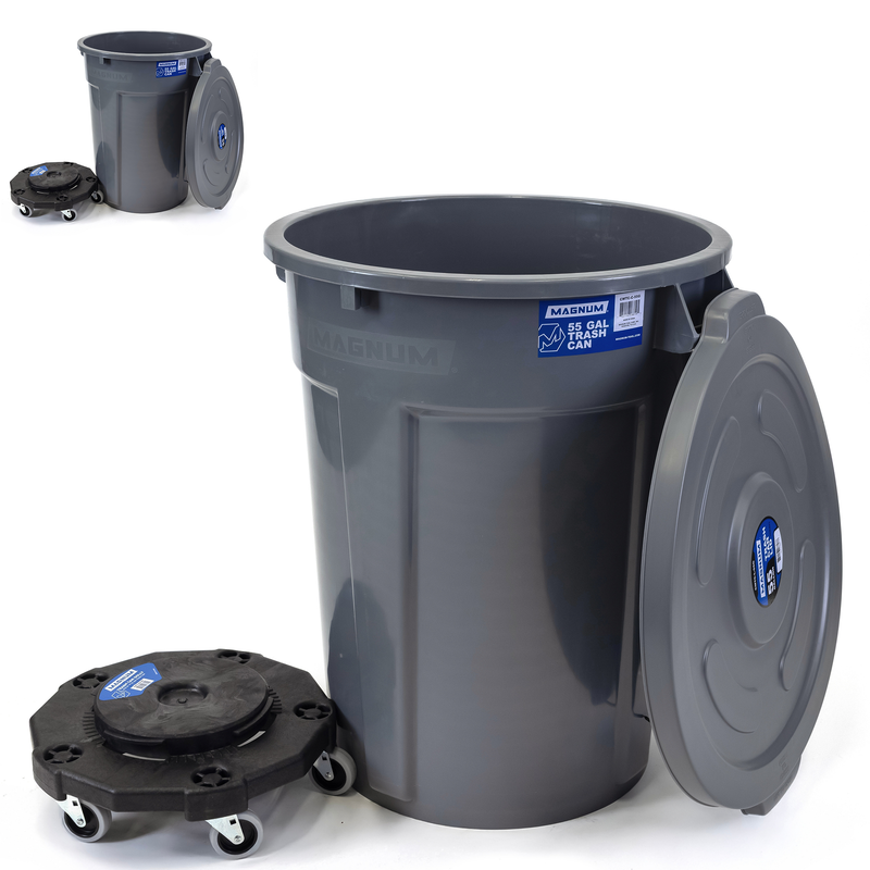 MAGNUM Gray 55 Gallon Trash Can Set (Trash Can, Quiet Dolly, and Reinforced Lid), Construction Grade, Jobsite Ready, Non-Marking Wheels & Casters for Rolling Garbage CMTC-CLD0-55G02 (2 Set)