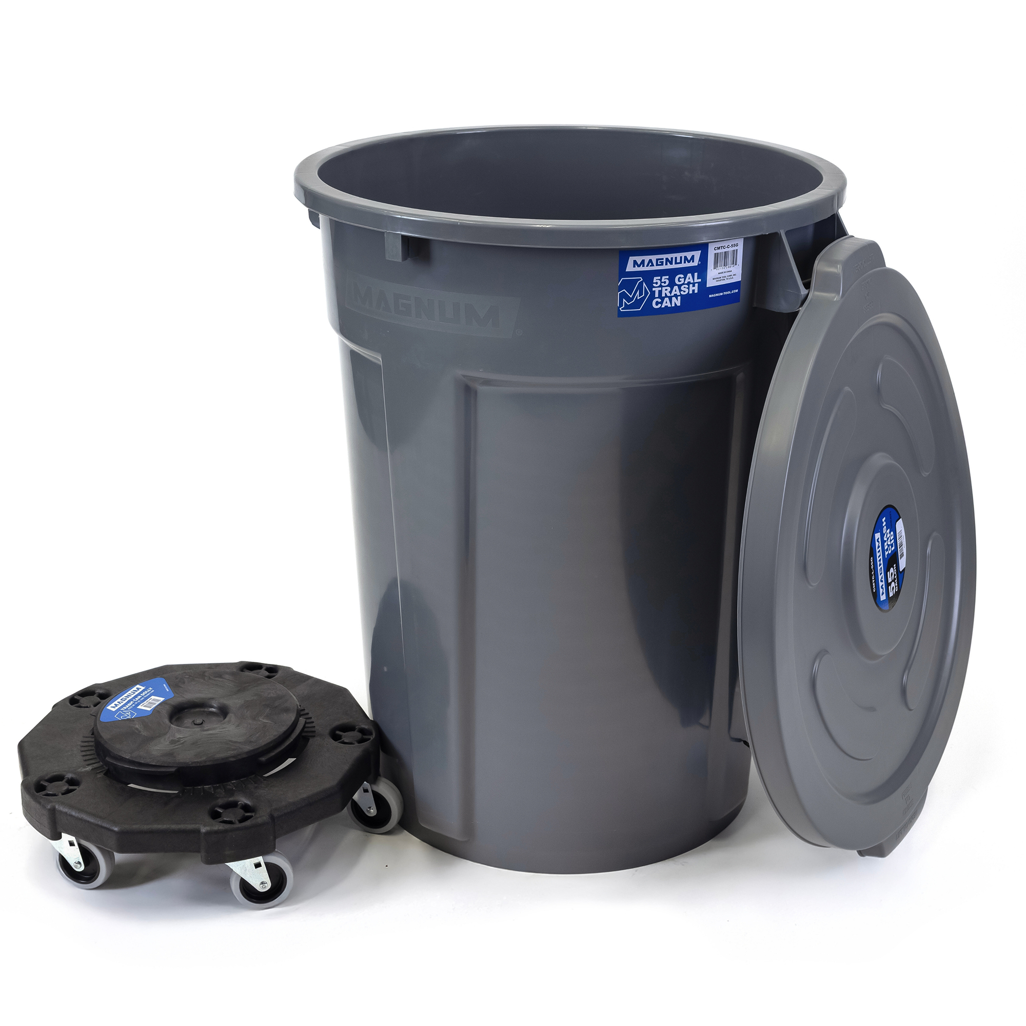 Gray 55-Gallon Trash Can Set – Can, Dolly & Lid (1-Pack)