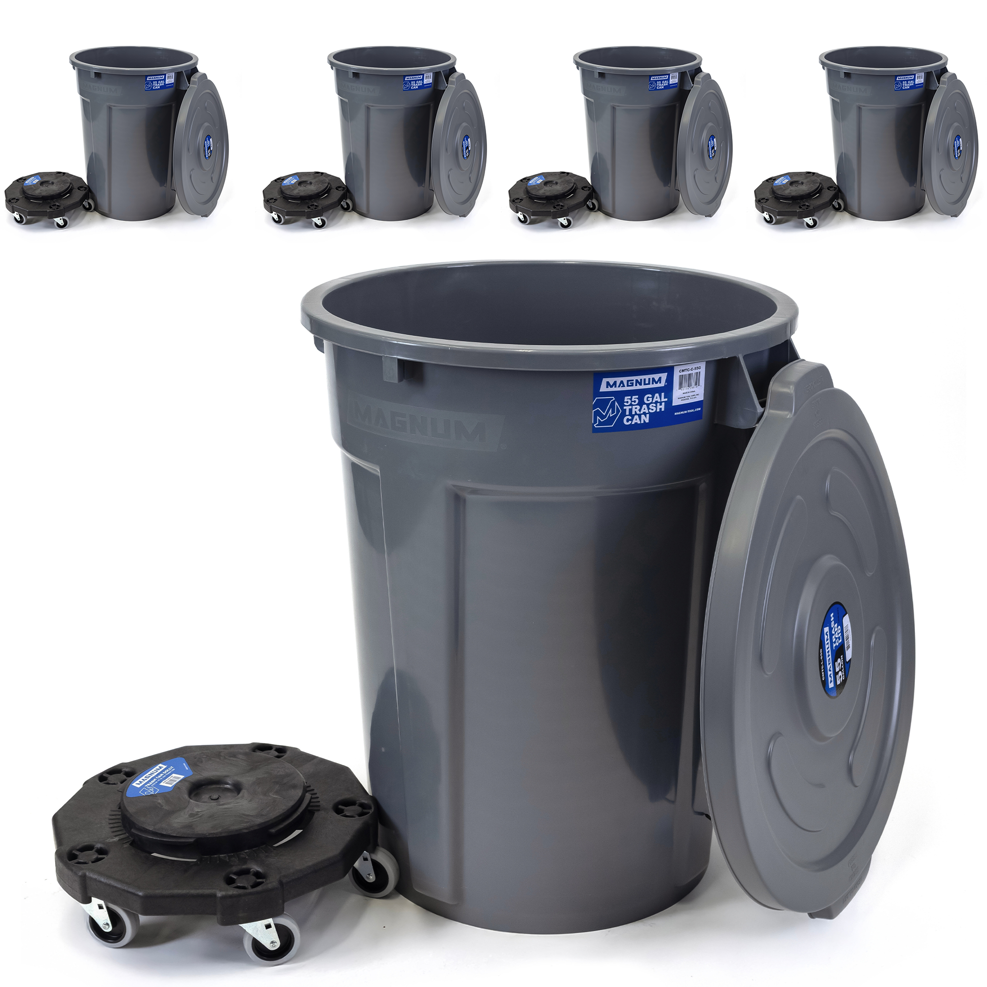 Gray 55-Gallon Trash Can Set – Can, Dolly & Lid (5-Pack)