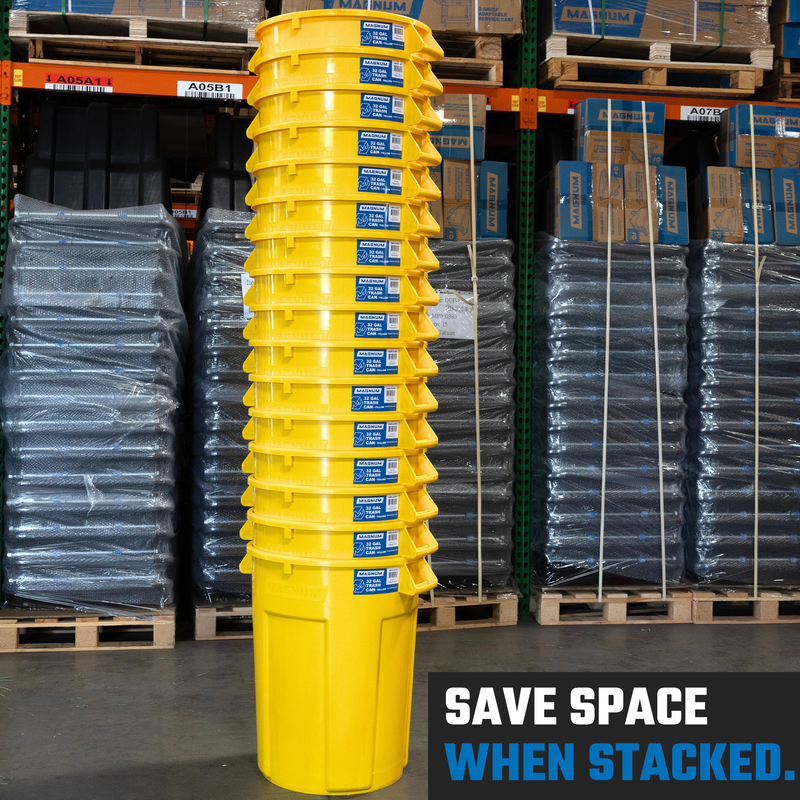 MAGNUM Yellow 32 Gallon Trash Can Set (Trash Can, Quiet Dolly, and Reinforced Lid), Construction Grade, Jobsite Ready, Non-Marking Wheels & Casters for Rolling Garbage CMTC-CLD0-32Y03 (3 Set)