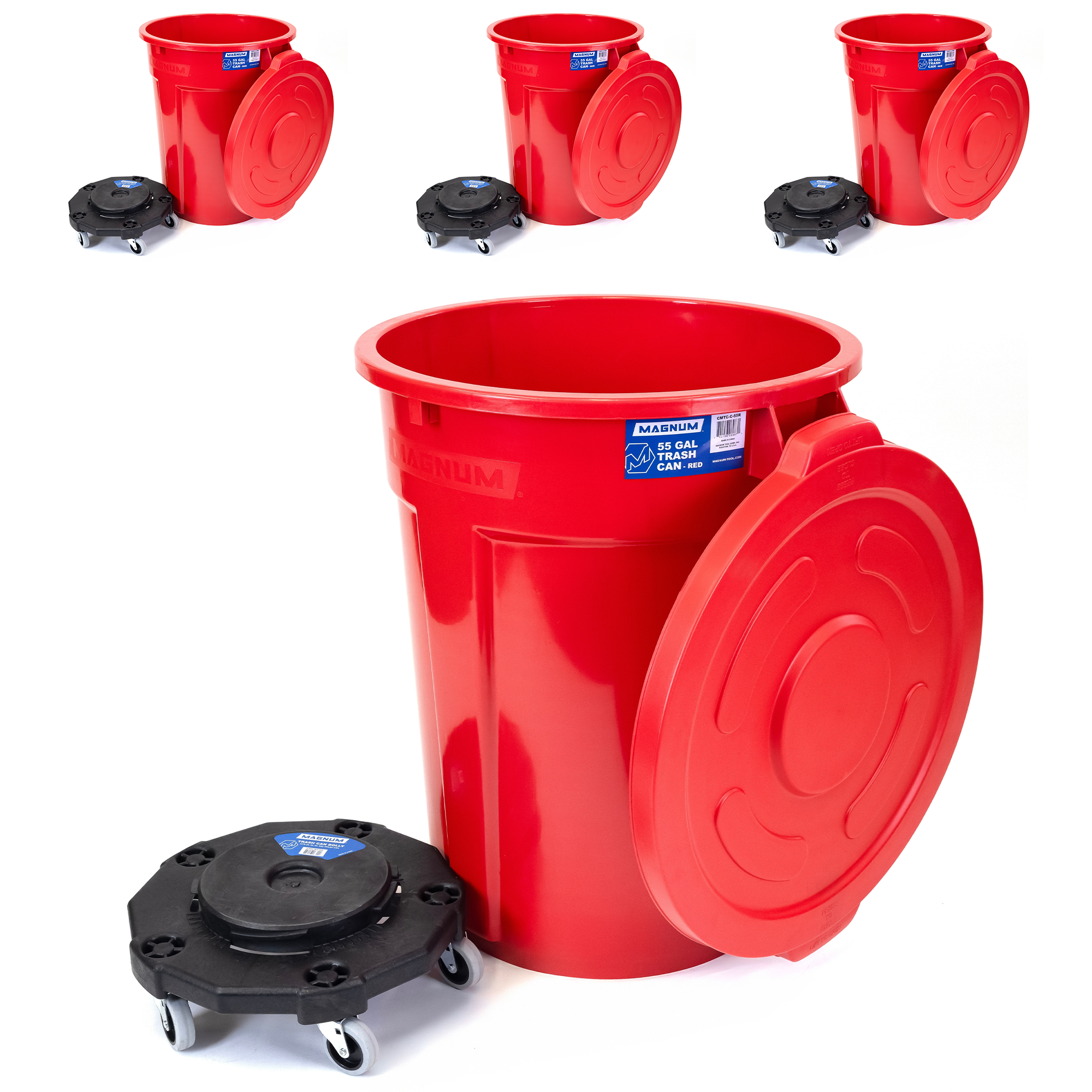Red 55-Gallon Trash Can Set – Can, Dolly & Lid (4-Pack)
