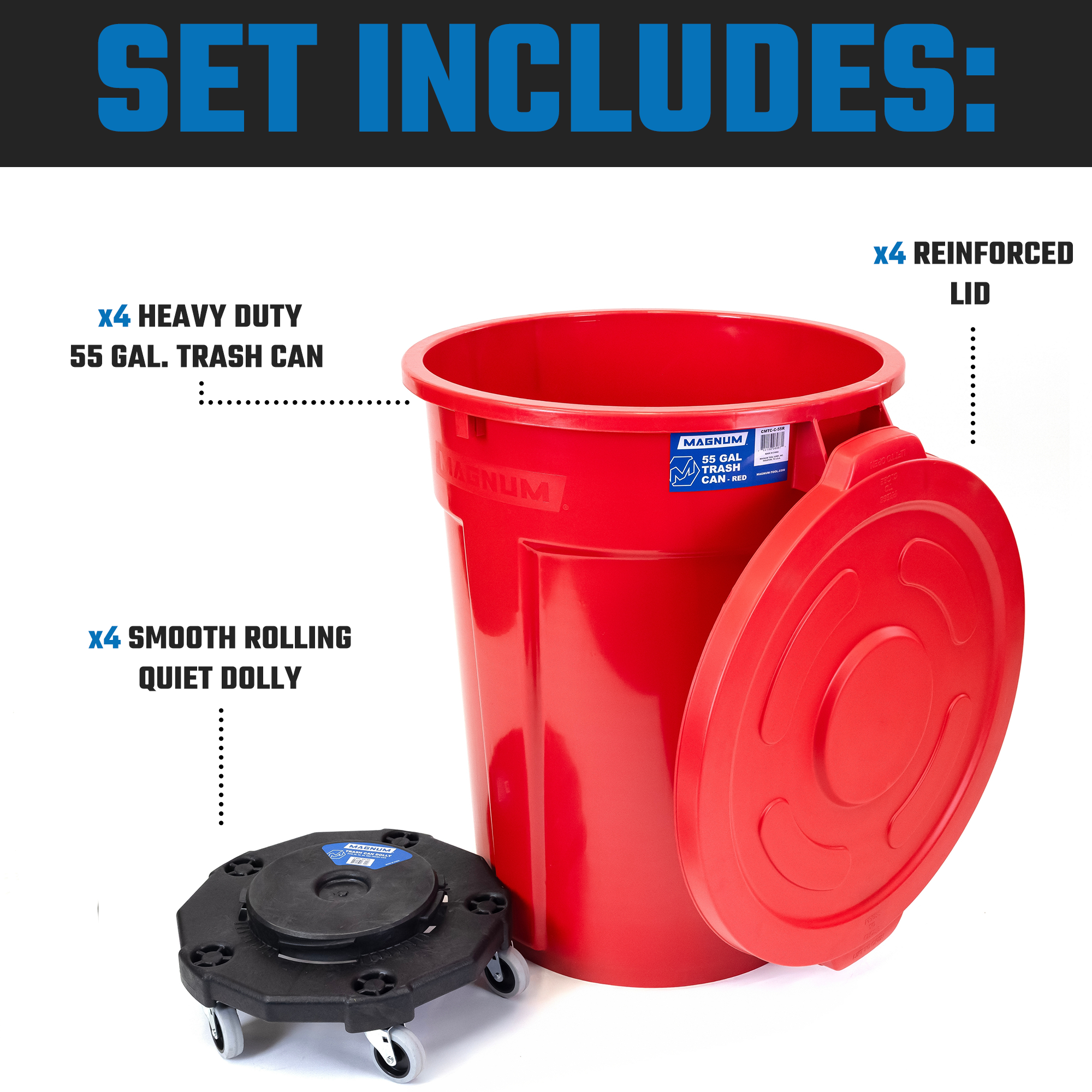 Red 55-Gallon Trash Can Set – Can, Dolly & Lid (4-Pack)