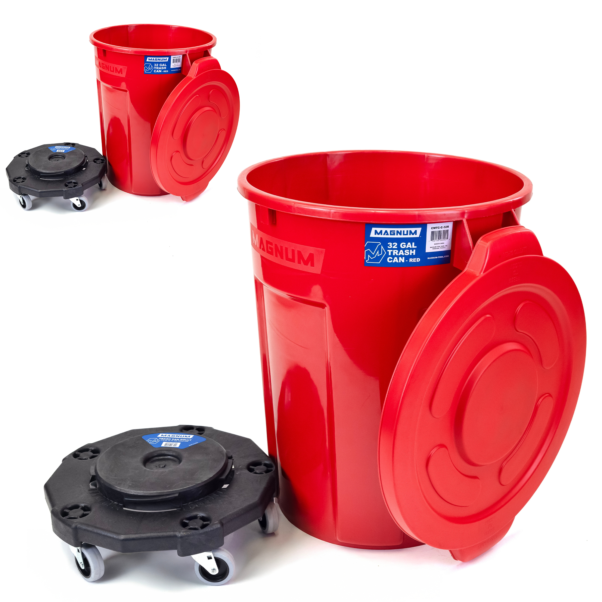 Red 32-Gallon Trash Can Set – Can, Dolly & Lid (2-Pack)
