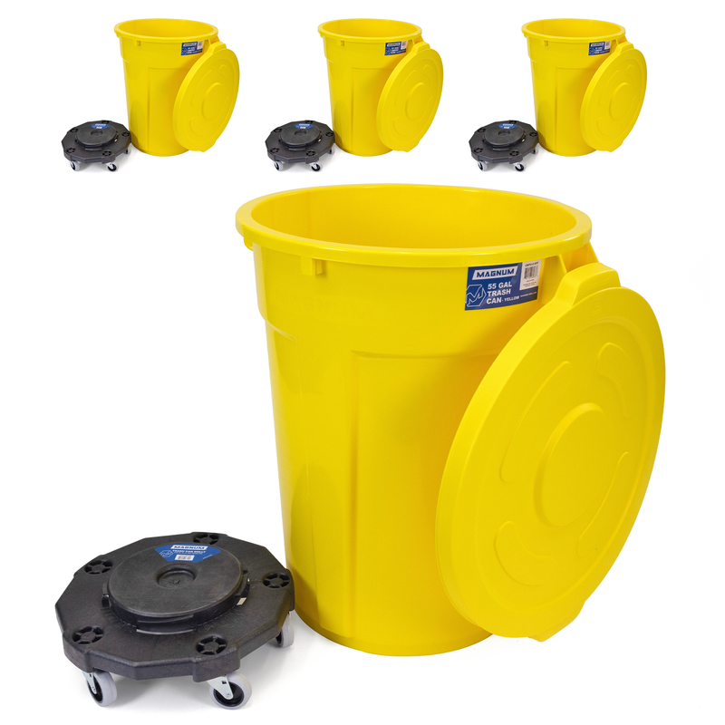 MAGNUM Yellow 55 Gallon Trash Can Set (Trash Can, Quiet Dolly, and Reinforced Lid), Construction Grade, Jobsite Ready, Non-Marking Wheels & Casters for Rolling Garbage CMTC-CLD0-55Y04 (4 Set)