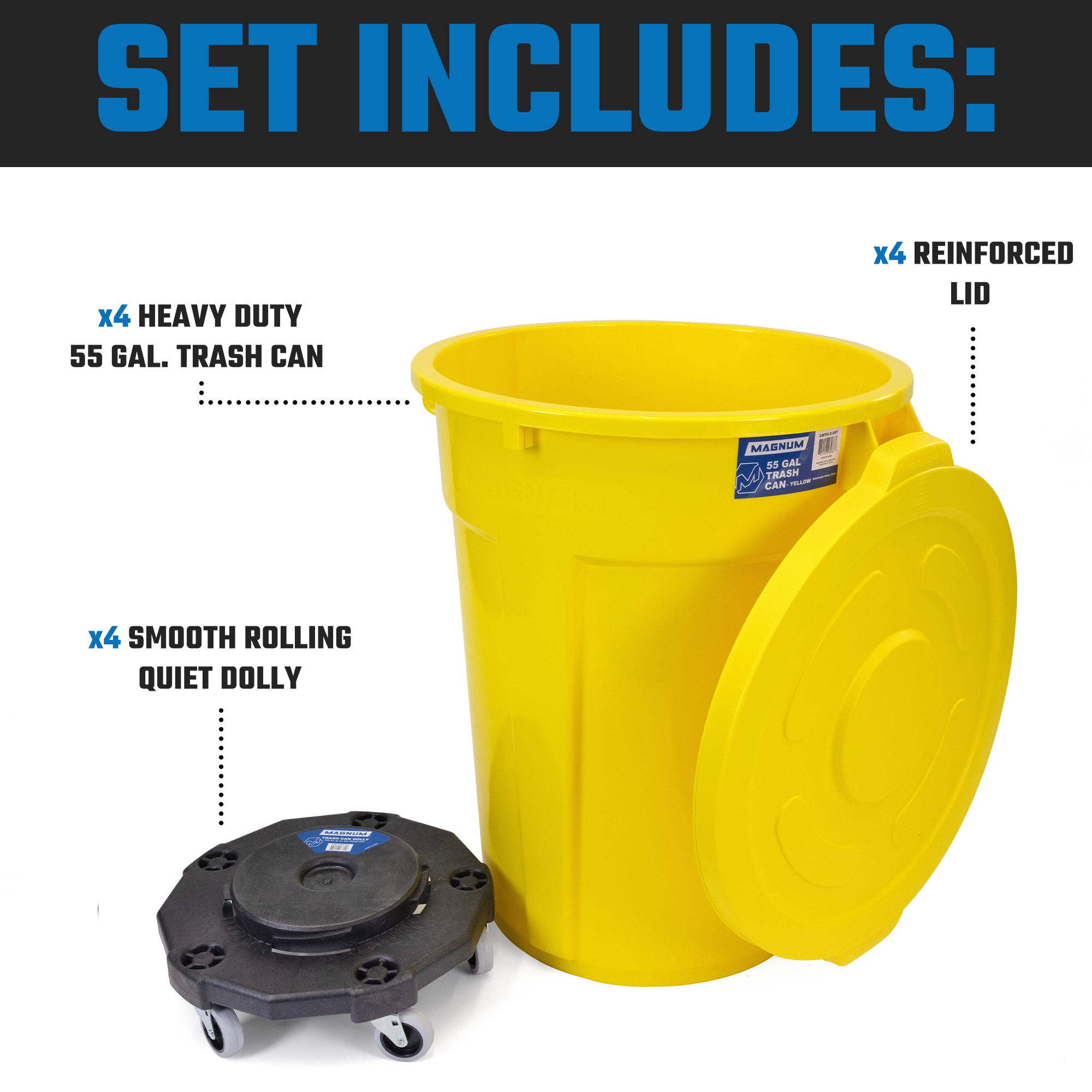 Yellow 55-Gallon Trash Can Set – Can, Dolly & Lid (4-Pack)