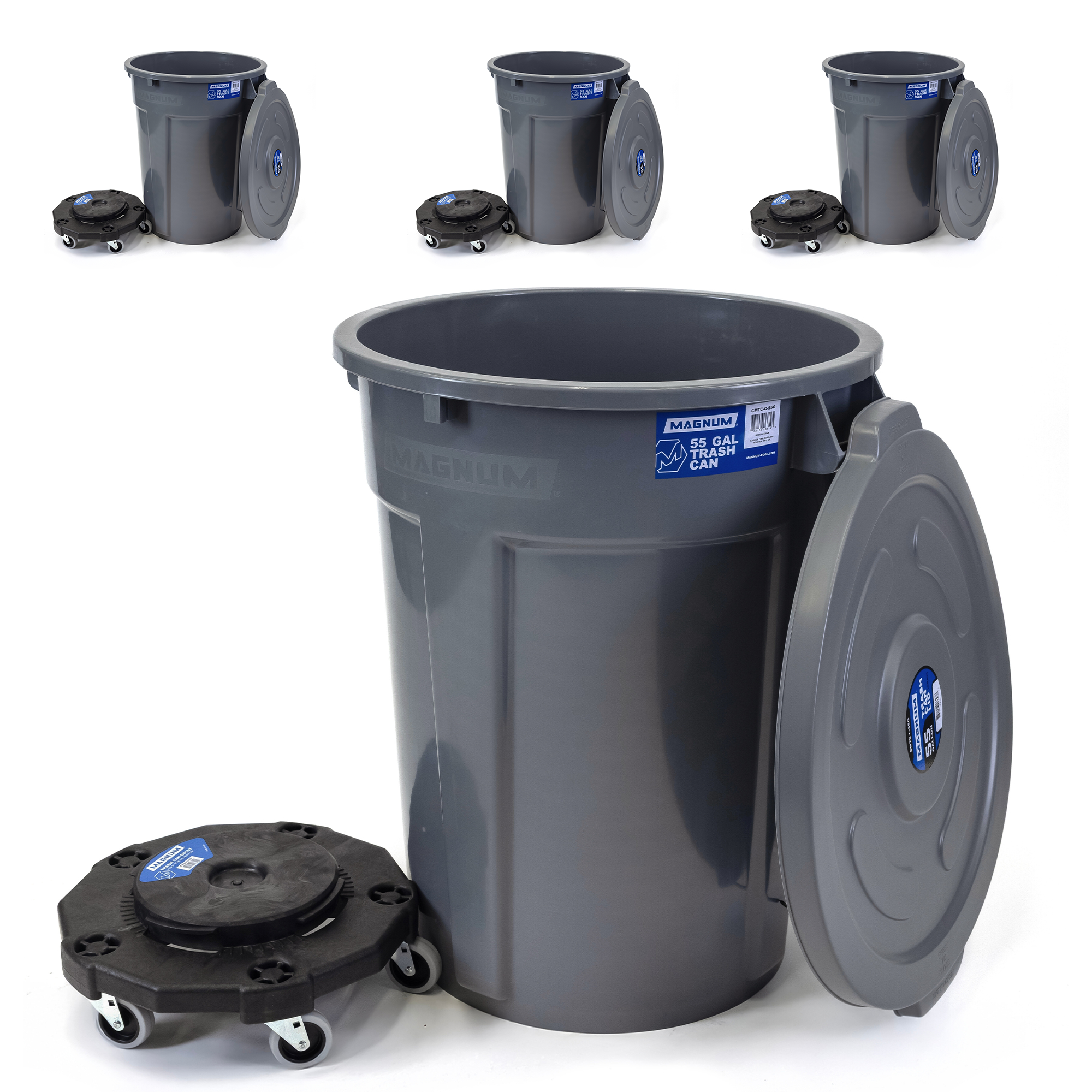 Gray 55-Gallon Trash Can Set – Can, Dolly & Lid (4-Pack)
