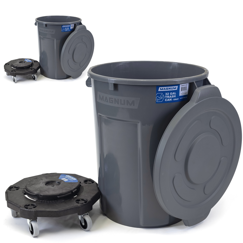 MAGNUM Gray 32 Gallon Trash Can Set (Trash Can, Quiet Dolly, and Reinforced Lid), Construction Grade, Jobsite Ready, Non-Marking Wheels & Casters for Rolling Garbage CMTC-CLD0-32G02 (2 Set)