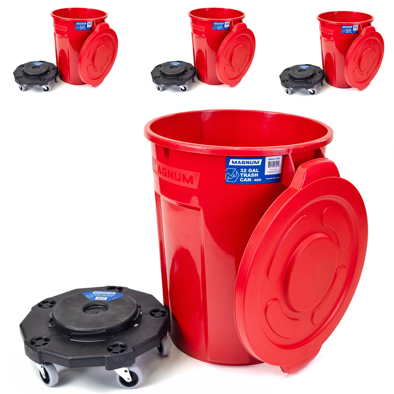 MAGNUM Red 32 Gallon Trash Can Set (Trash Can, Quiet Dolly, and Reinforced Lid), Construction Grade, Jobsite Ready, Non-Marking Wheels & Casters for Rolling Garbage CMTC-CLD0-32R04 (4 Set)