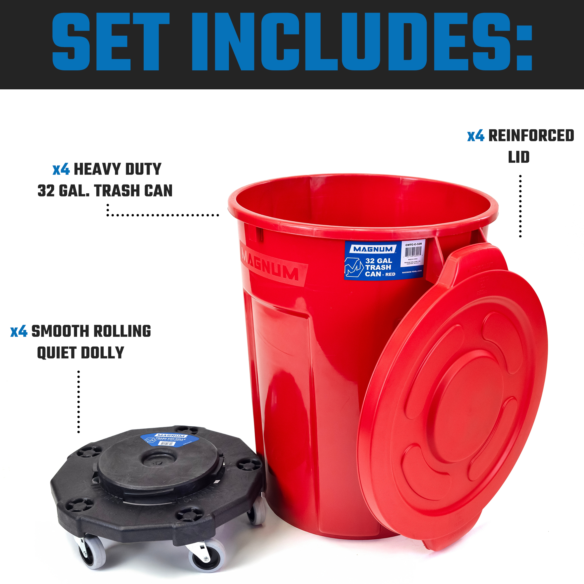 Red 32-Gallon Trash Can Set – Can, Dolly & Lid (4-Pack)