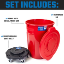 MAGNUM Red 32 Gallon Trash Can Set (Trash Can, Quiet Dolly, and Reinforced Lid), Construction Grade, Jobsite Ready, Non-Marking Wheels & Casters for Rolling Garbage CMTC-CLD0-32R04 (4 Set)