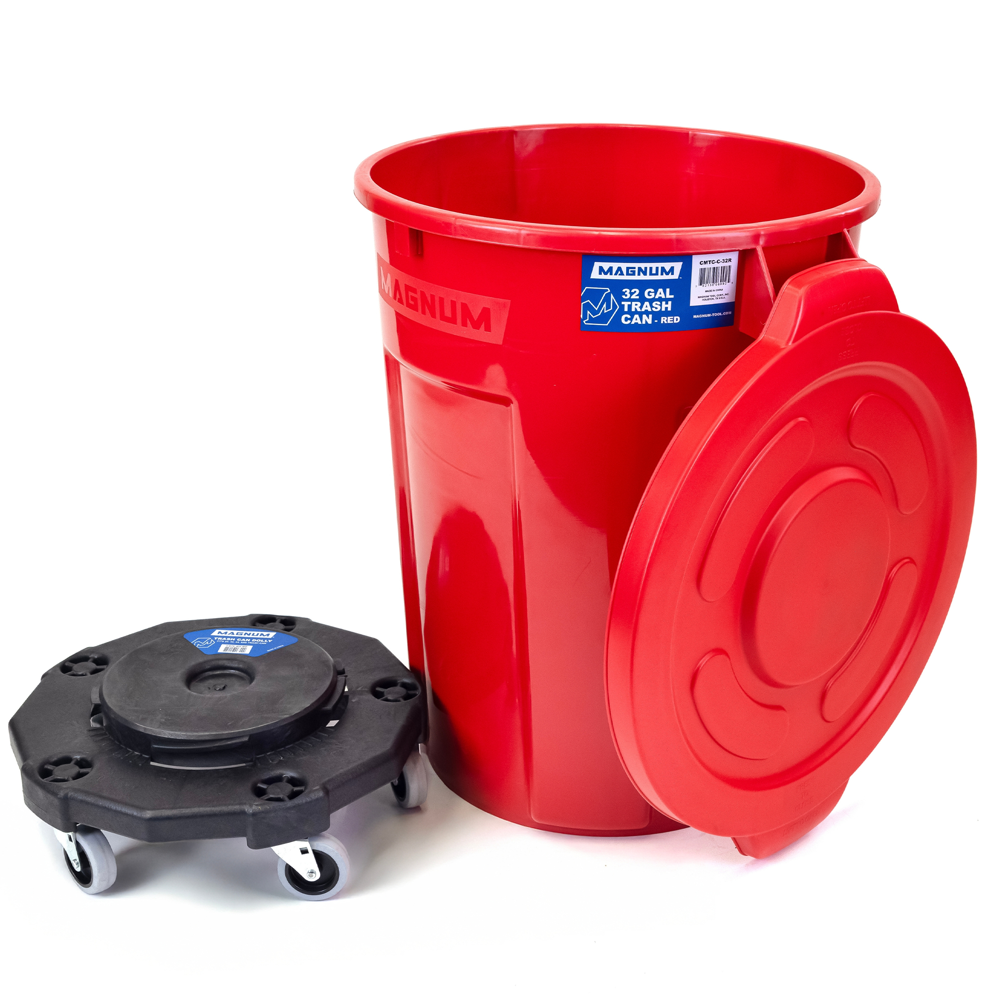 Red 32-Gallon Trash Can Set – Can, Dolly & Lid (1-Pack)