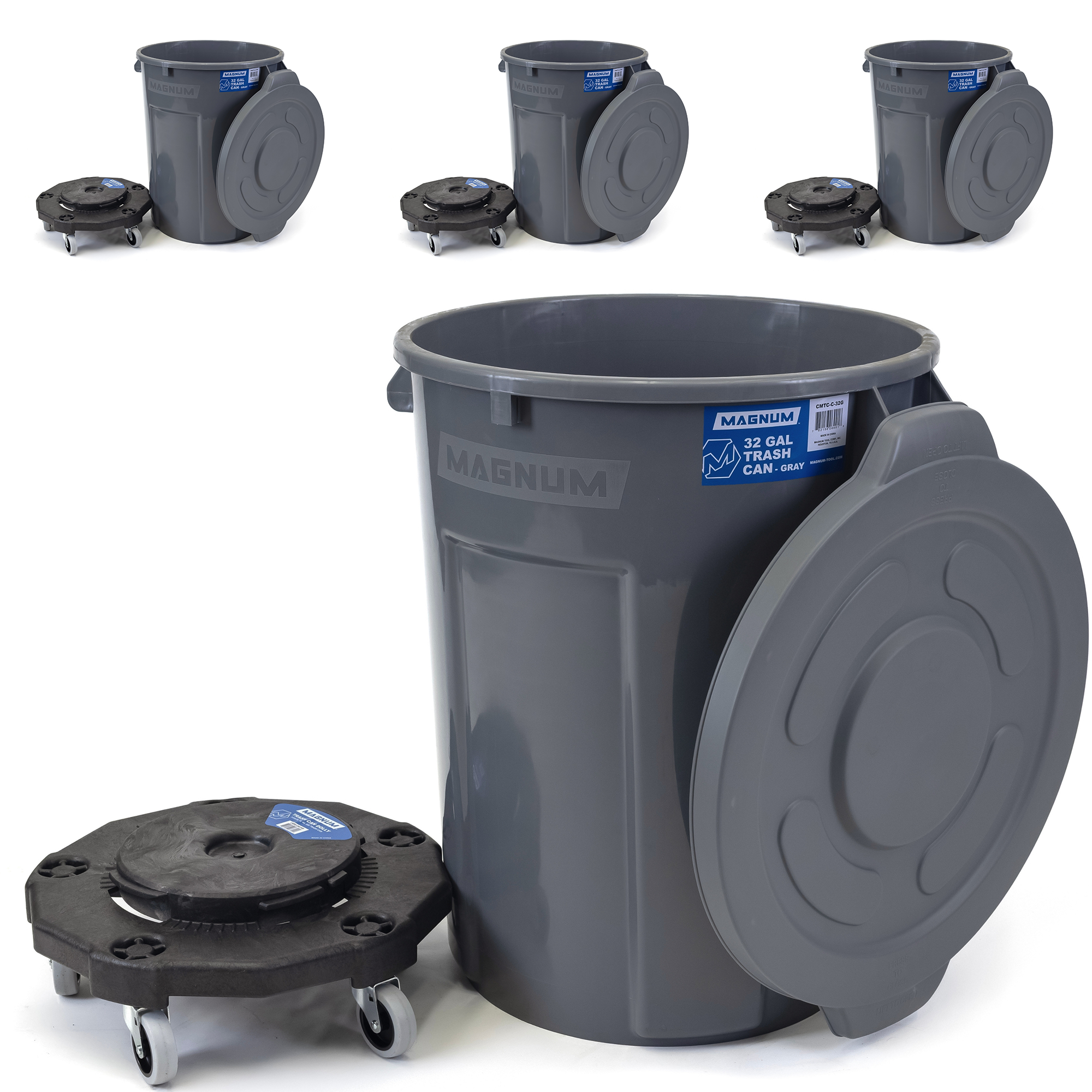 Gray 32-Gallon Trash Can Set – Can, Dolly & Lid (4-Pack)