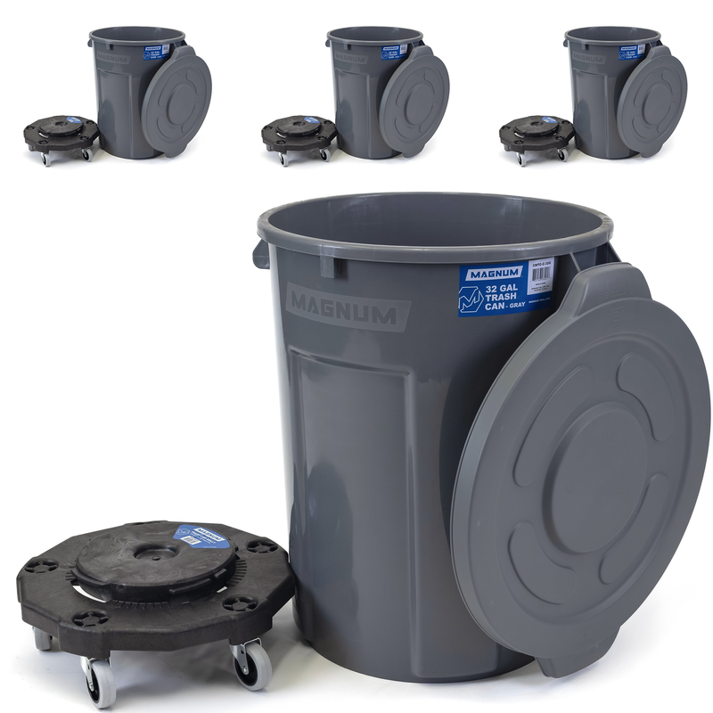 MAGNUM Gray 32 Gallon Trash Can Set (Trash Can, Quiet Dolly, and Reinforced Lid), Construction Grade, Jobsite Ready, Non-Marking Wheels & Casters for Rolling Garbage CMTC-CLD0-32G04 (4 Set)