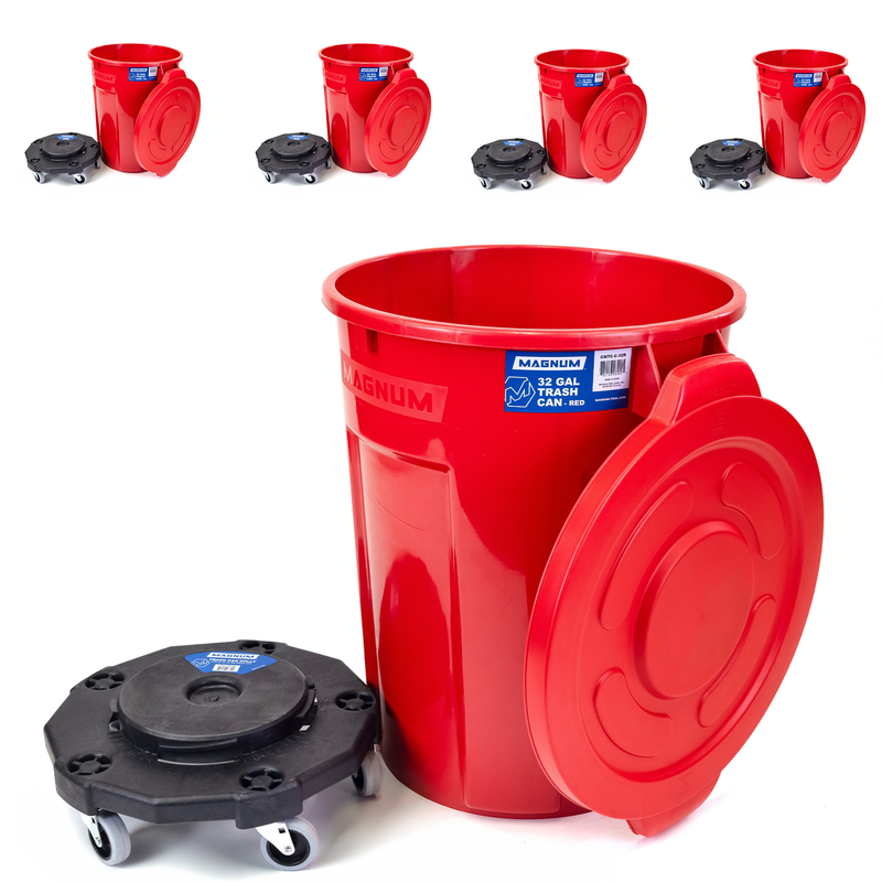 MAGNUM Red 32 Gallon Trash Can Set (Trash Can, Quiet Dolly, and Reinforced Lid), Construction Grade, Jobsite Ready, Non-Marking Wheels & Casters for Rolling Garbage CMTC-CLD0-32R05 (5 Set)