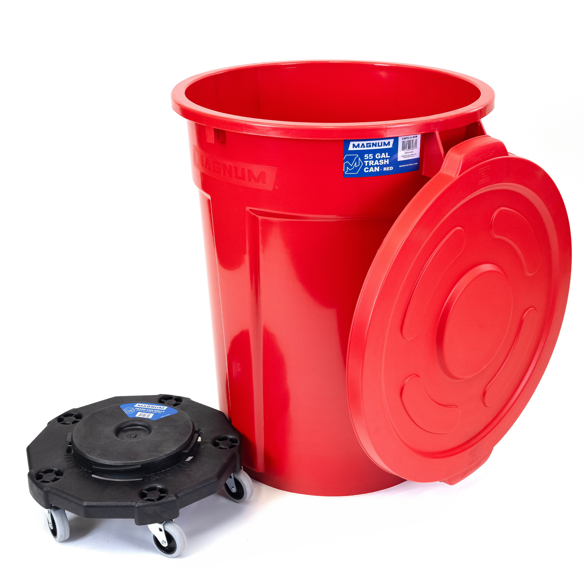 Red 55-Gallon Trash Can Set – Can, Dolly & Lid (1-Pack)