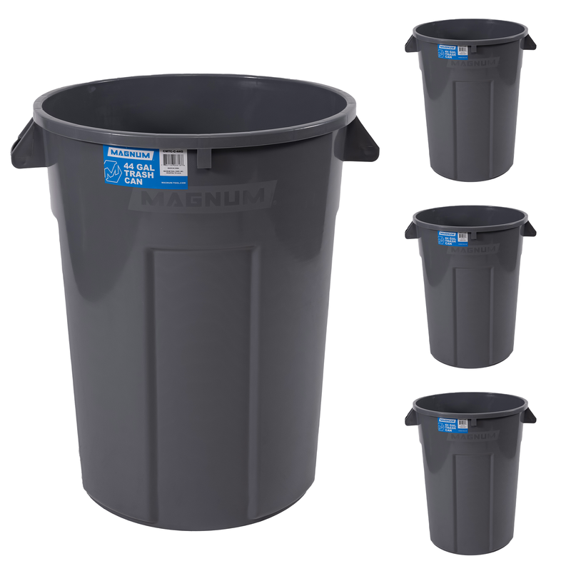 MAGNUM Gray 44 Gallon Trash Can, Construction Grade, Heavy Duty Plastic, Jobsite Ready for Handling and Holding Garbage CMTC-C000-44G04 (4 Pack)