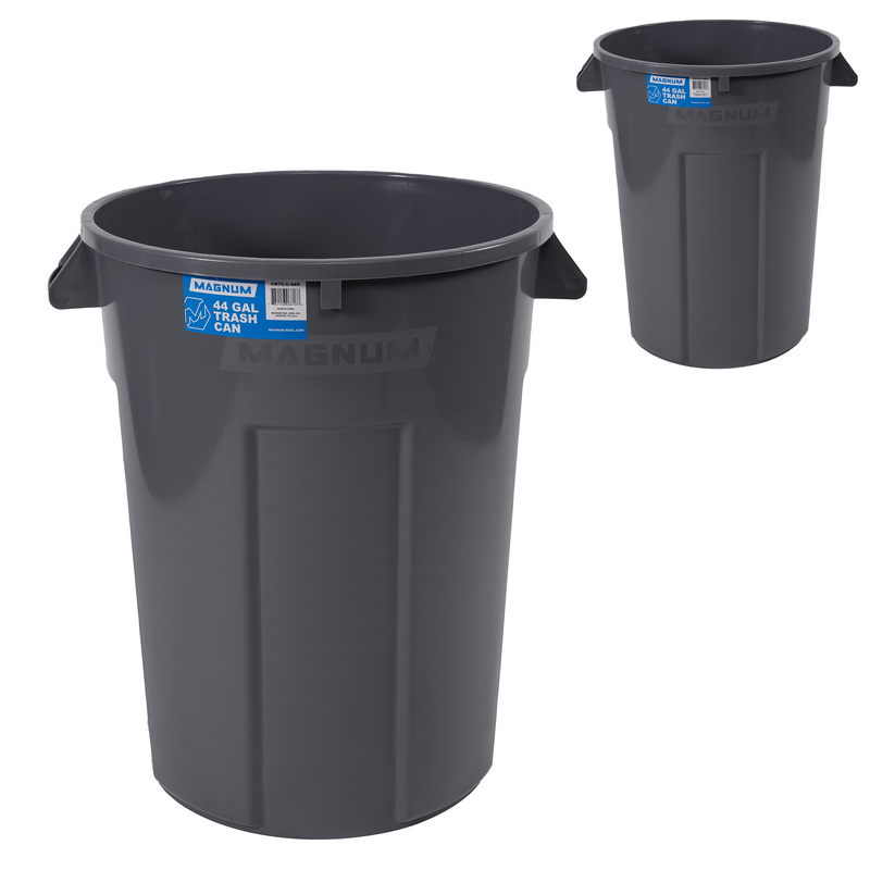 MAGNUM Gray 44 Gallon Trash Can, Construction Grade, Heavy Duty Plastic, Jobsite Ready for Handling and Holding Garbage CMTC-C000-44G02 (2 Pack)