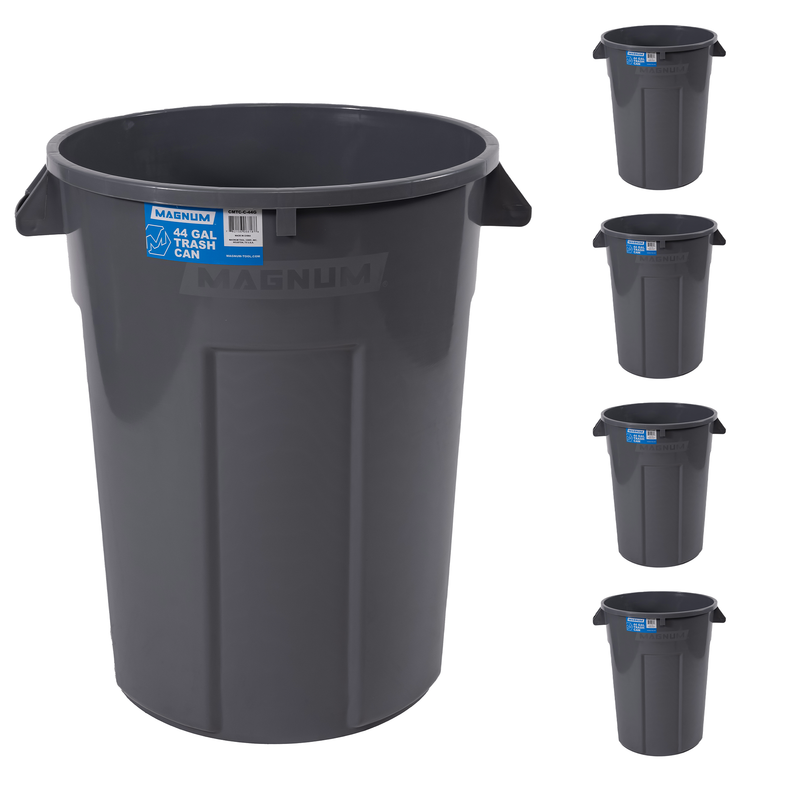 MAGNUM Gray 44 Gallon Trash Can, Construction Grade, Heavy Duty Plastic, Jobsite Ready for Handling and Holding Garbage CMTC-C000-44G05 (5 Pack)