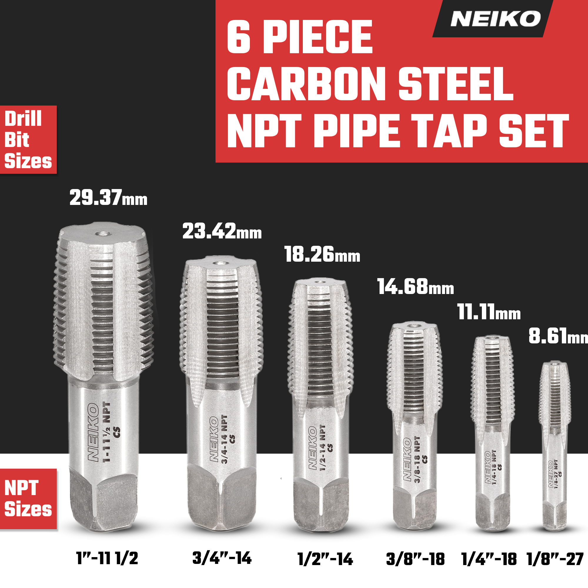 NPT Pipe Thread Tap Set – 1/8”–1”, Tapered NPT Taps (6-Piece)