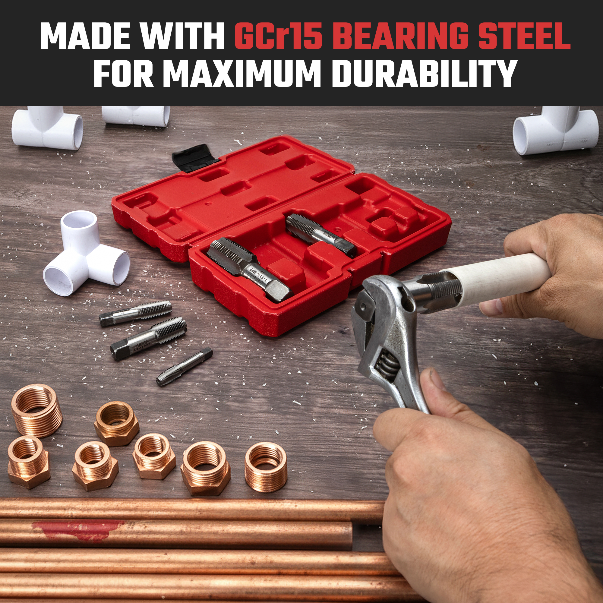 NPT Pipe Thread Tap Set – 1/8”–1”, Tapered NPT Taps (6-Piece)