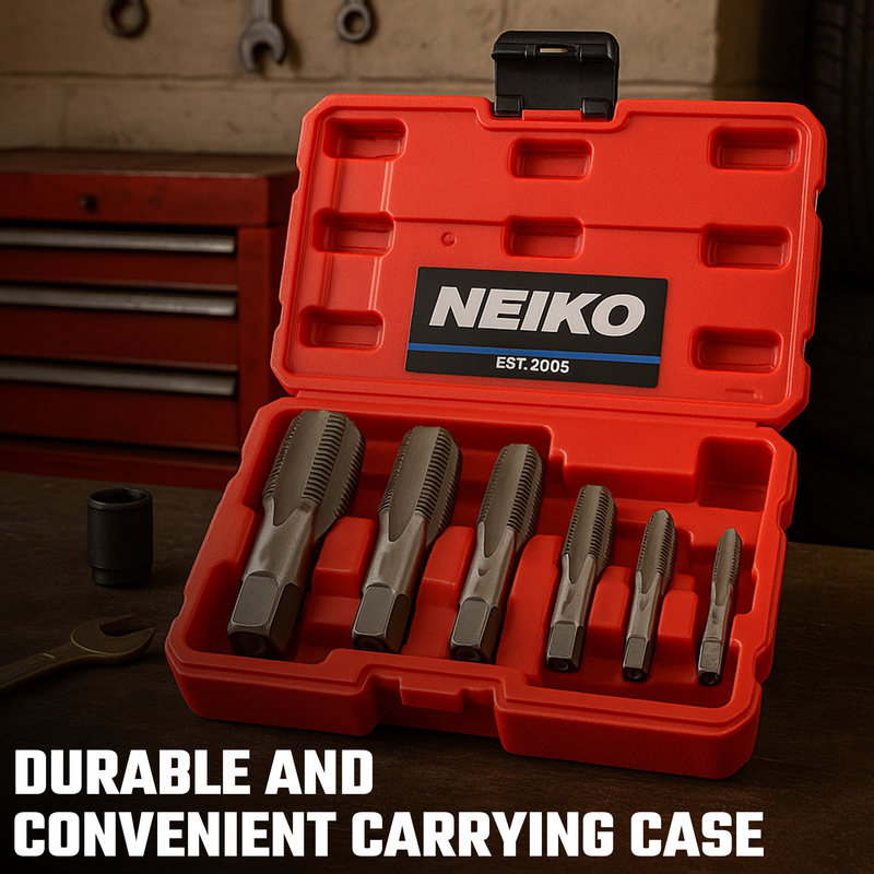 NEIKO 00931A NPT Pipe Tap Set, 6 Pc, Copper, Brass and PVC Pipe Threader, 1/8"-27, 1/4"-18, 3/8"-18, 1/2"-14, 3/4"-14 & 1”-11-1/2 Pipe Threading Tool Taper Taps, Plumbing Rethreading, Thread Tapping