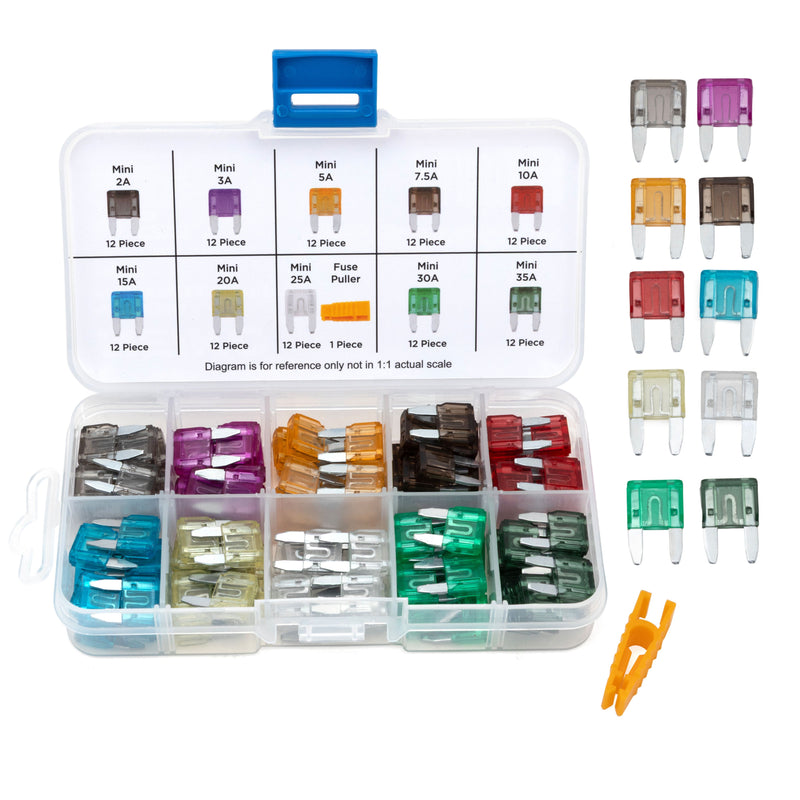 NEIKO 50503A Mini Car Fuses Assortment Set, 120pc, Fast Acting, Auto Fuses Kit, Standard Sizes, 2A, 3A, 5A, 7.5A, 10A, 15A, 20A, 25A, 30A, and 35 Amp, Marine Boat, RV, Car Fuse Kit, Fuse Puller