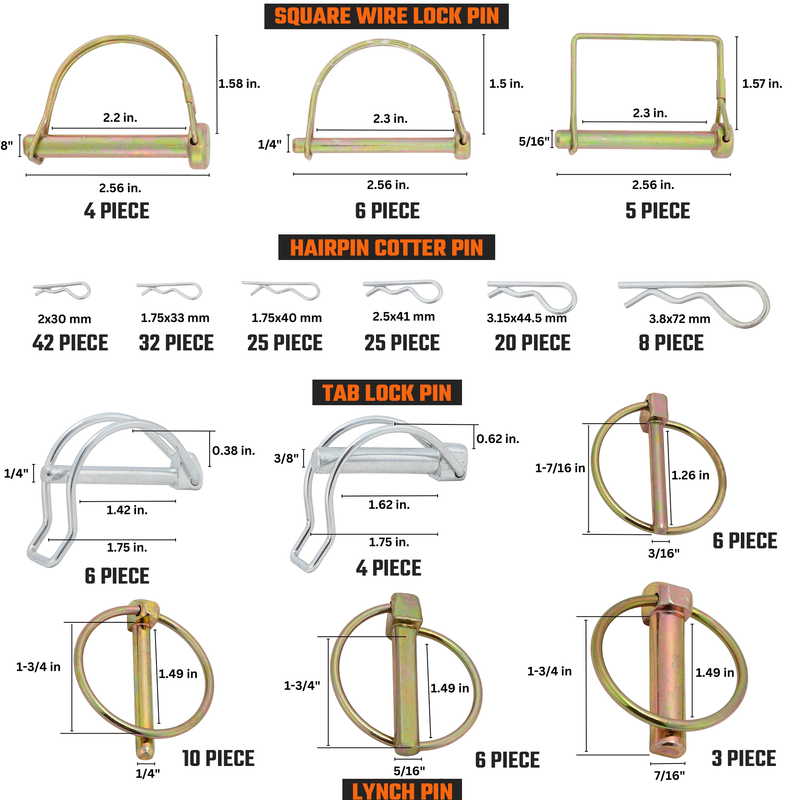 Neiko 50418A Trailer Hitch Pin Clip Set, 202 Pc O-Ring Locking Trailer Pin Clips, Zinc Plated, Steel Square Tractor, Double Line, Linch, PTO and Hairpin Cotter Pins